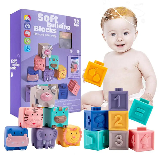 BABY HOUSE -  12 pièces jouets sensoriels pour bébé blocs de construction en Silicone jouet à saisir blocs de construction en Silicone 3D balle souple enfant Cube de bain en caoutchouc jouet pour bébé