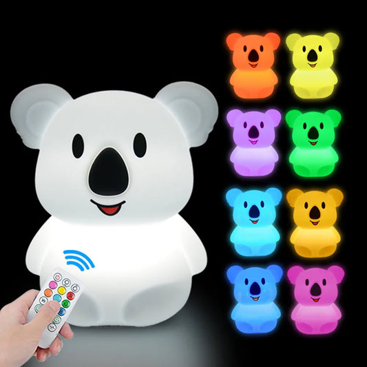 BABY HOUSE - Koala LED Veilleuse Capteur Tactile Télécommande 9 Couleurs Dimmable Timer Rechargeable Silicone Animal Lamp pour Enfants Bébé Cadeau