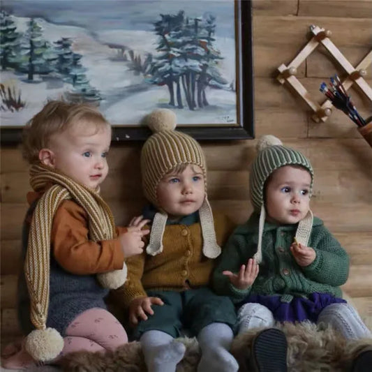 BABY HOUSE - Bonnet en laine, écharpes avec boule de fourrure à rayures, filles et garçons.