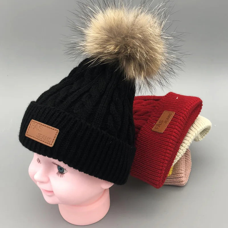BABY HOUSE - Baby Winter Hat Fur Pompom Caps bonnet enfant Toddler Boys Girls Knitted Cap Brand Cotton Hats Warm Kids Beanie