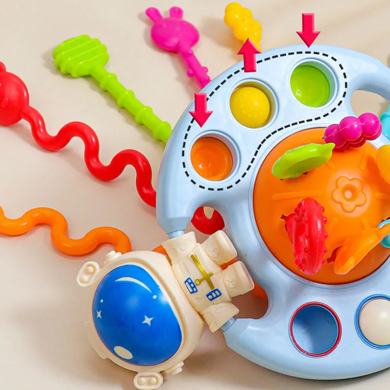 BABY HOUSE - Jouets sensoriels de dentition Montessori pour bébé de 1 à 3 ans, soucoupe volante en Silicone, jouet éducatif avec ficelle de traction, cadeau pour bébés