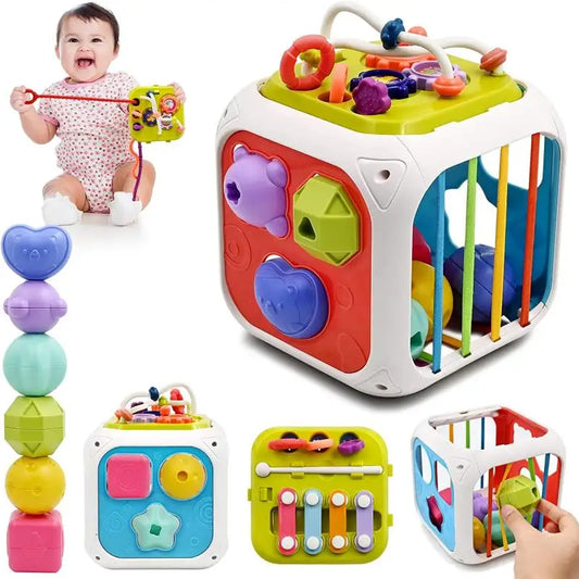 BABY HOUSE -Jouets sensoriels Montessori pour bébé, trieur de forme, jouets à ficelle, jeux d'entraînement à la motricité Fine, blocs empilables, Cube d'activité