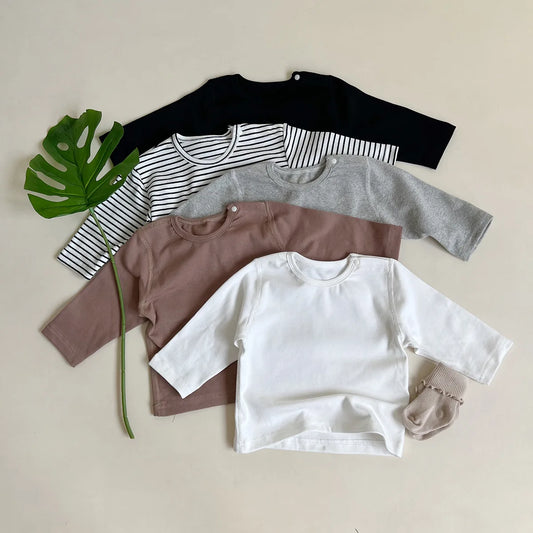 BABY HOUSE - Automne Nouveau Bébé À Manches Longues T Shirt Coton Garçon Rayé Bas Tops Fille Solide Simple Casual Pull Infantile Vêtements.