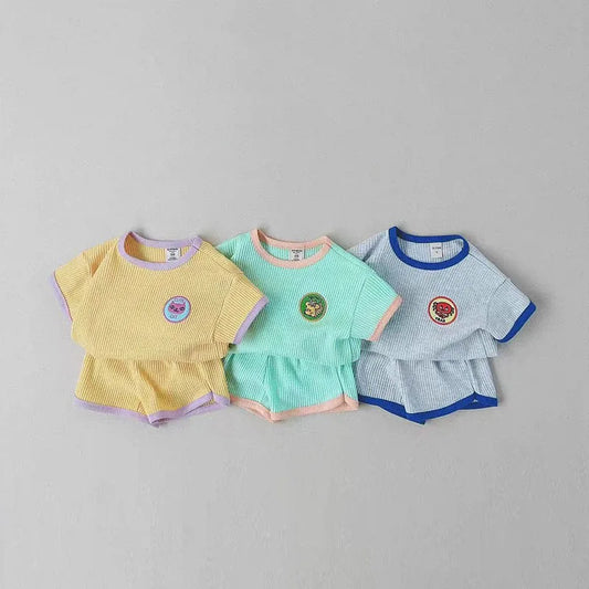 BABY HOUSE - Ensemble de vêtements d'été à manches courtes pour bébés, tenues en coton gaufré pour enfants en bas âge, hauts + Shorts, costume 2 pièces, t-shirt couleur bonbon.