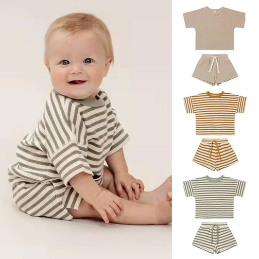 BABY HOUSE - Vêtements d'été rayés pour nouveau-né de 0 à 2 ans, T-Shirts à manches courtes et Shorts en coton décontractés, 2 pièces, vêtements d'été unisexes .