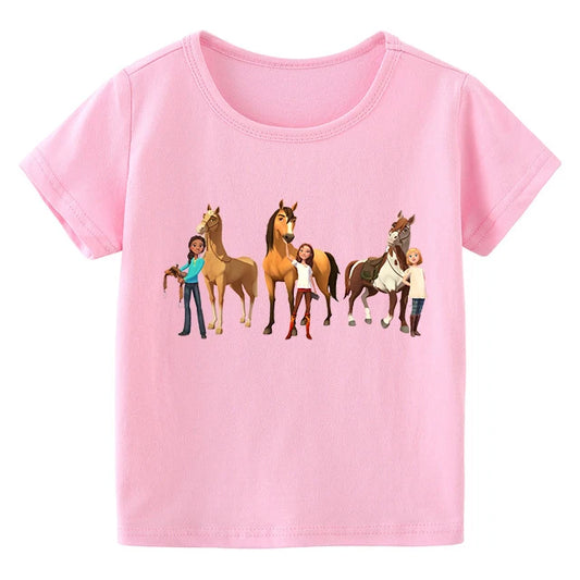 BABY HOUSE -  100% Coton Lucky & Mustang Spirit Horse Cartoon Girls Rose T Shirt Mignon Vêtements Pour Enfants Bébé Garçons D’été T-shirts À Manches Courtes.