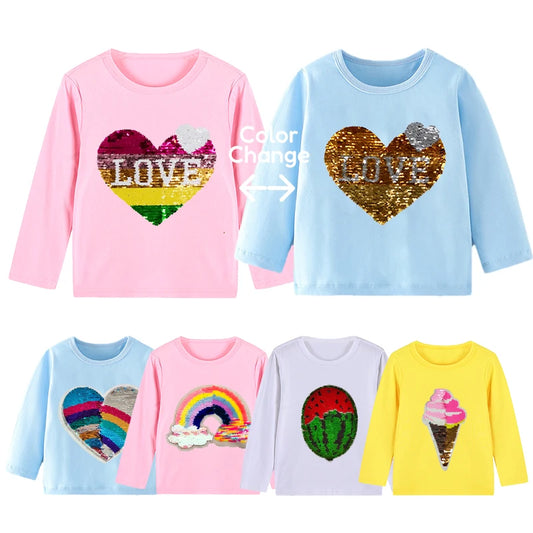 BABY HOUSE - Vêtements pour enfants filles T-Shirt enfants changement de couleur paillettes hauts à manches longues bébé automne vêtements coton sweat 2-12 ans