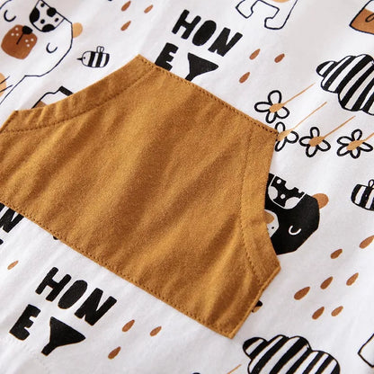 BABY HOUSE - Ensemble deux pièces en coton imprimé ours brun pour garçons et filles, T-Shirt confortable à manches courtes + pantalon à bretelles, ensemble deux pièces, été