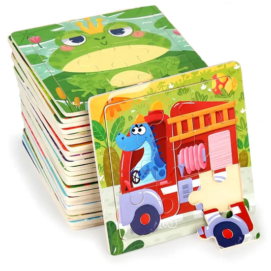 BABY HOUSE -  11x11cm Montessori Puzzle En Bois Dessin Animé Animal Trafic Jigsaw 3d Puzzle Bébé Apprentissage Précoce Jouets Éducatifs Pour Enfants