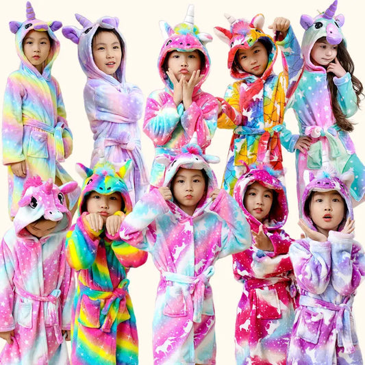 3-12Years Winter Autumn Children's Sleepwear Unicorn Cartoon Bath Robe for Adult Boys Girls Pijamas Hooded Kids Bathrobes