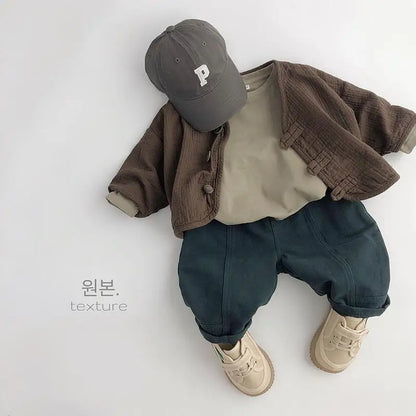 BABY HOUSE - Rétro Enfants Coréen Printemps et Automne Coton et Chanvre Veste Cardigan Art Vêtements De Bébé