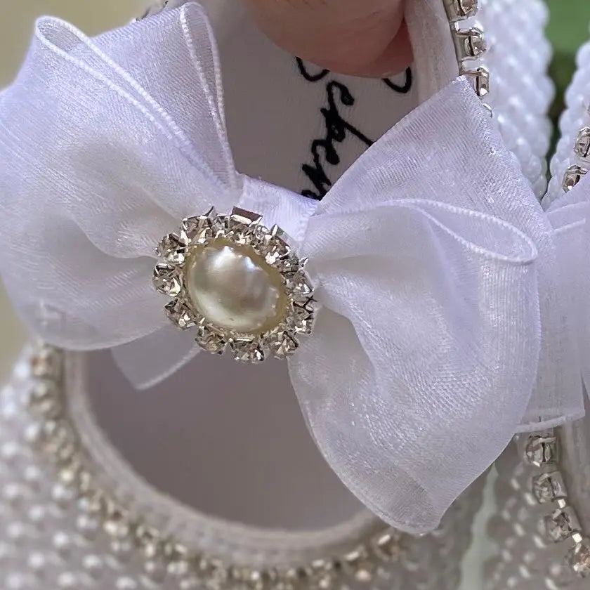 BABY HOUSE - Dollbling perles blanches à la main Bling strass bébé berceau chaussures baptême tenue mariage éclat organza baptême 0-3m chaussures