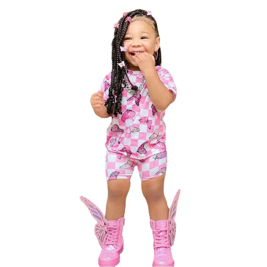 BABY HOUSE - Vêtements d'été deux pièces pour bébés filles, ensemble de vêtements papillon, t-shirt rose à manches courtes + Short à carreaux, tenue de 2 à 8 ans.