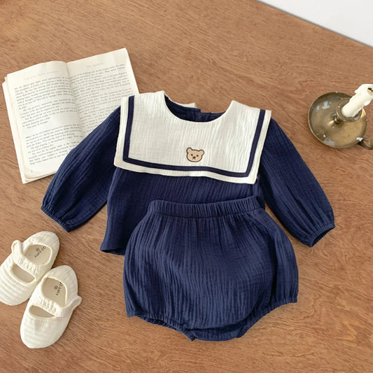 BABY HOUSE - Chemise à manches longues + pantalon à pain coréen vêtements de bébé décontracté bébé coton biologique coton marine revers stlye