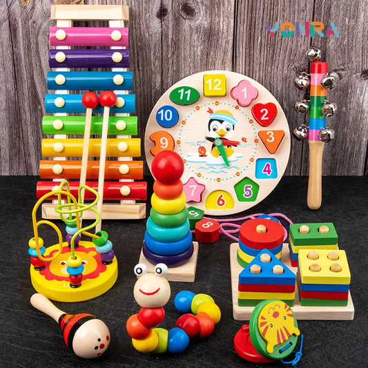 BABY HOUSE - Jouets Montessori en bois 9 en 1, hochet, cloche, tambour, ensemble de colonnes, Instruments de musique, jouet sensoriel pour bébé, éducation des tout-petits