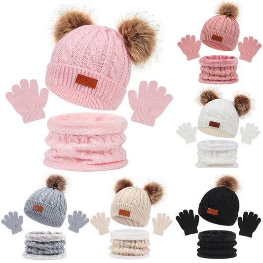 BABY HOUSE - Bébé hiver chapeau écharpe gants ensemble tricoté boule de fourrure enfants Beanie bébé casquette pour filles garçons accessoires infantile Bonnet enfant en bas âge chapeau 1-5Y