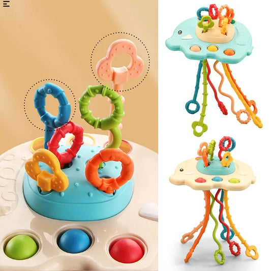 BABY HOUSE - Jouets sensoriels Montessori 3 en 1 pour bébé de 1 à 3 ans, jouets éducatifs à ficelle de traction en Silicone pour bébés de 0 à 12 mois